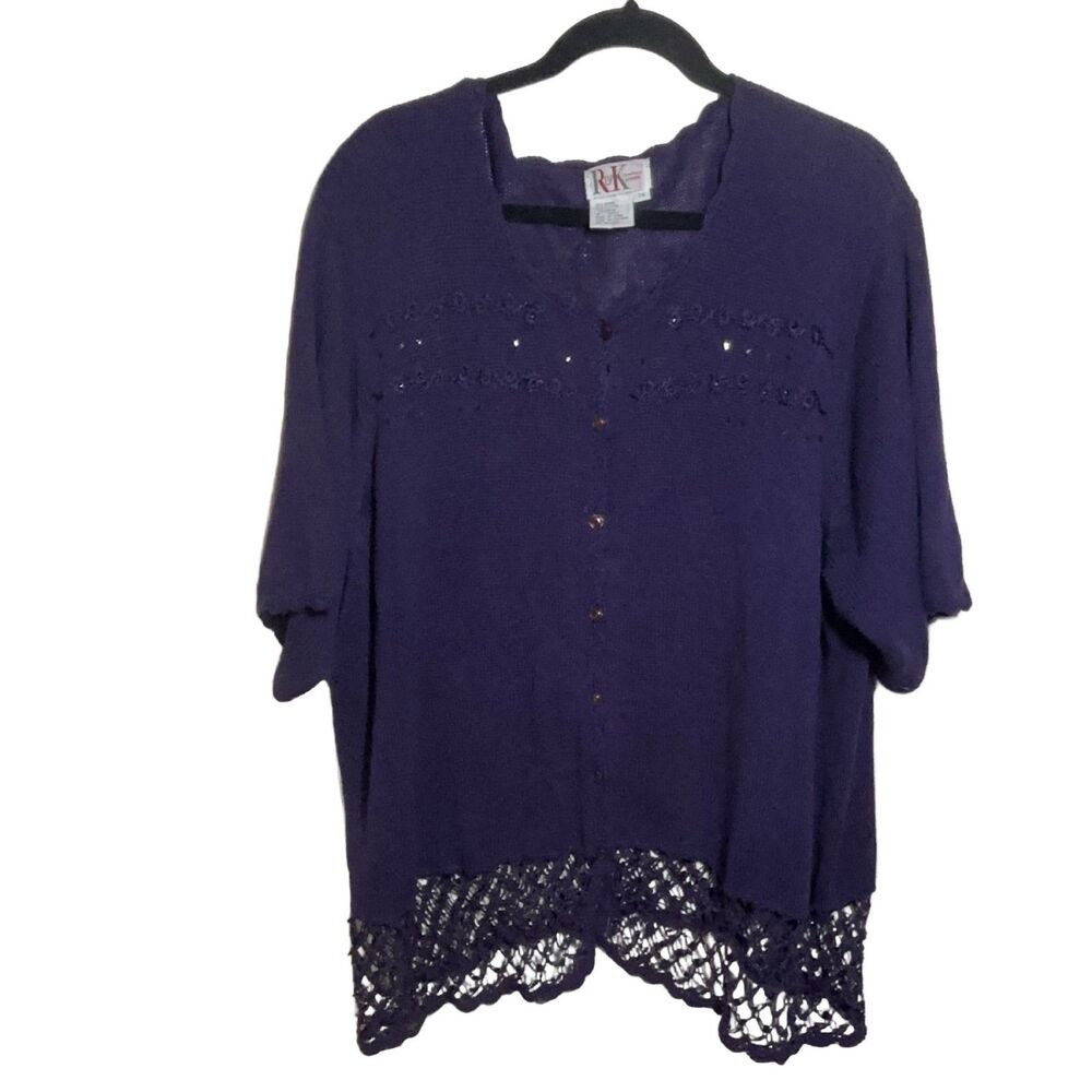 R&K Originals Woman Knit Cardigan Top Purple 24W Crochet Sequin Short Sleeve